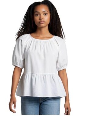 NWT Old Navy White Puff Sleeve Women's Top, back cutout, Size M, 100% cotton